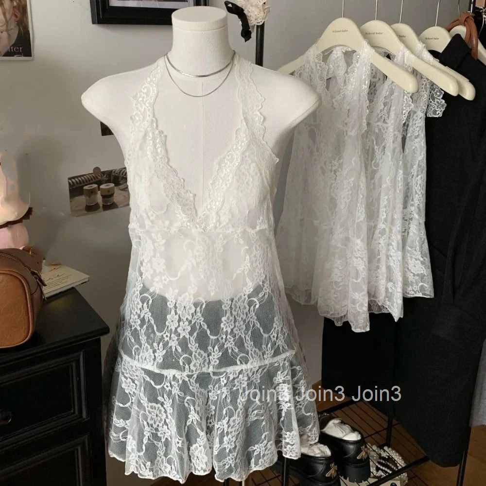 Elegant Transparent Lace Halter Dress V-neck Beachwear Lace-up Short Skirts Spicy Girl Style A-line Dresses Women Party