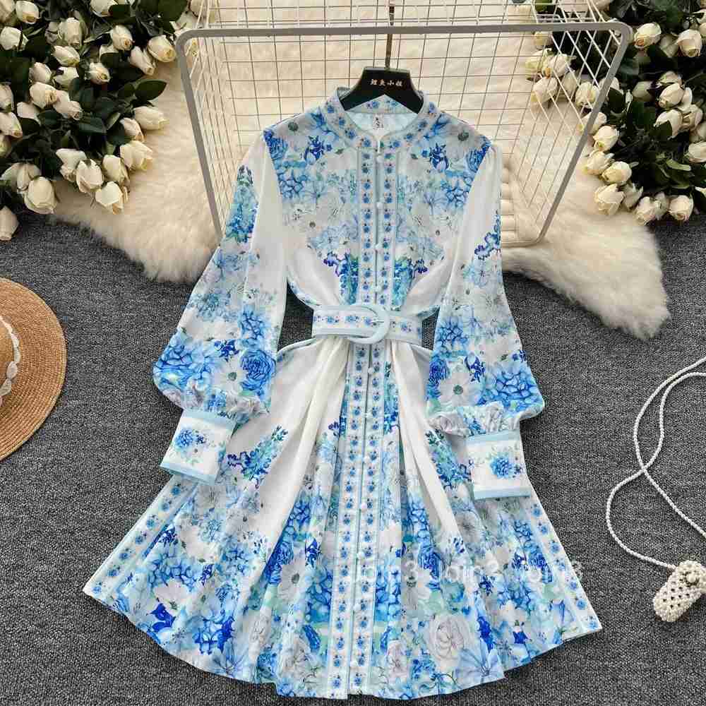 Retro Elegant sashes o neck Single Breasted print Dress lool Sleeve A-line Casual High Waist Women Summer sweet Dresses