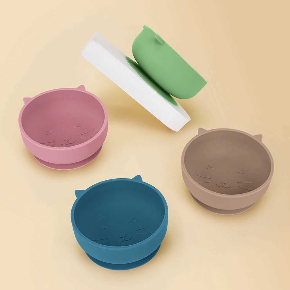 1PC Baby Silicone Bowl Cute Cartoon Cat Shape Baby Tableware Solid Color Baby Food Storage BPA Free Suction Baby Feeding Tray X2508061