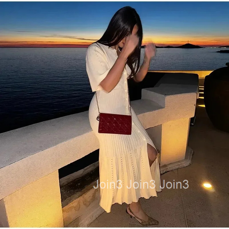 Elegant Knitted Dress New Hollow Out Short Sleeve Midi Dress High Waist Slim-Fit Dress Patchwork Single Breasted Ladies Robe