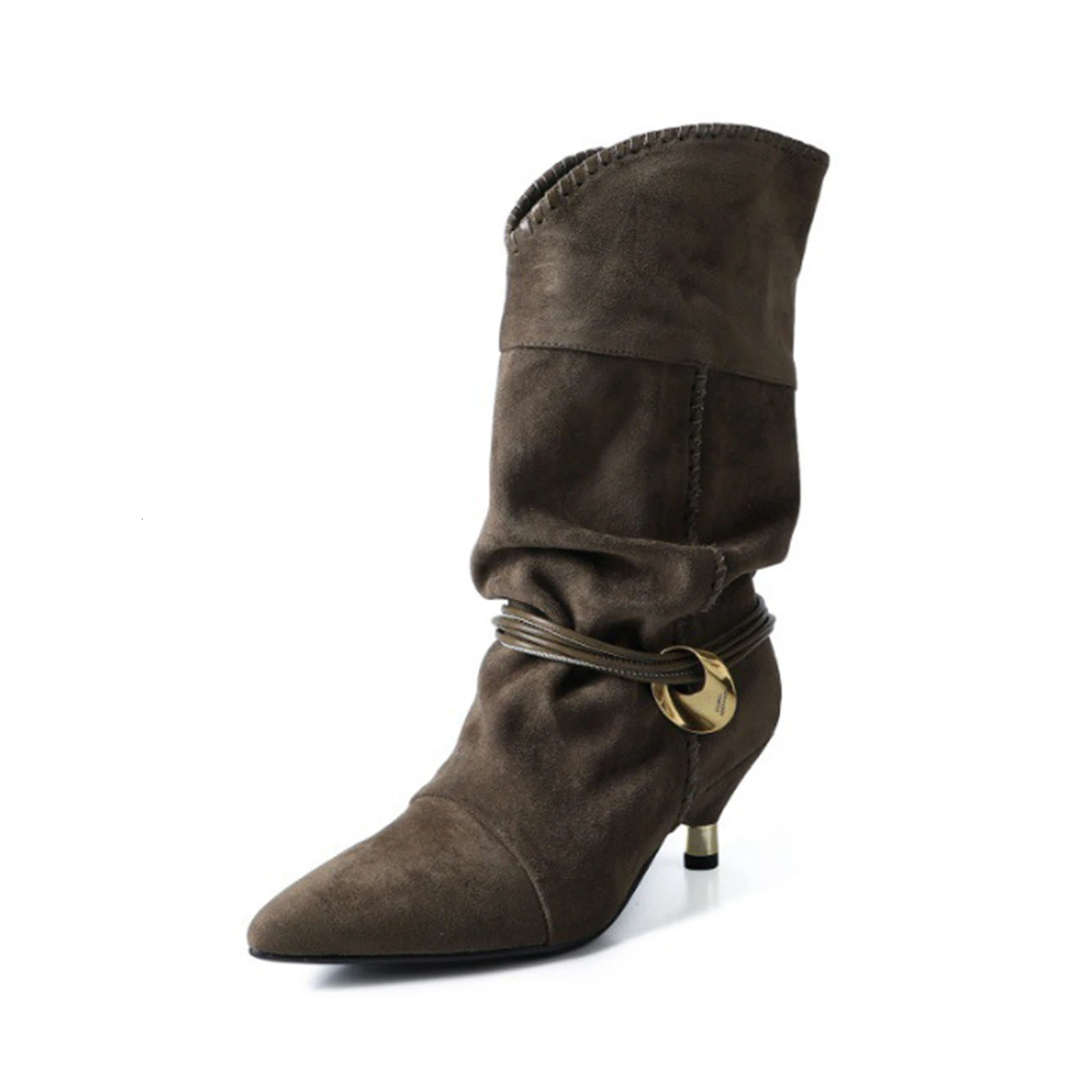 Arden Furtado 2025 Brown suede Kitten heel Western boots Pointed toe Slipon Pleated Coarse MidCalf large size 250801