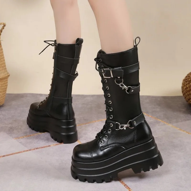 Plus Size 43 Autumn Women Boots Buckle Round Toe Wedges Platform Punk Goth IN Street Shoes Combat for 250801