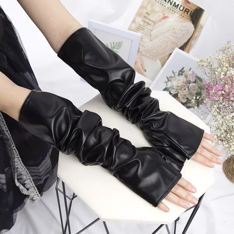 Black Punk Gothic Sexy Long PU Leather Fingerless Gloves for Women Rock Gloves Hip Pop Mittens Clubwear Dance Cosplay 250806