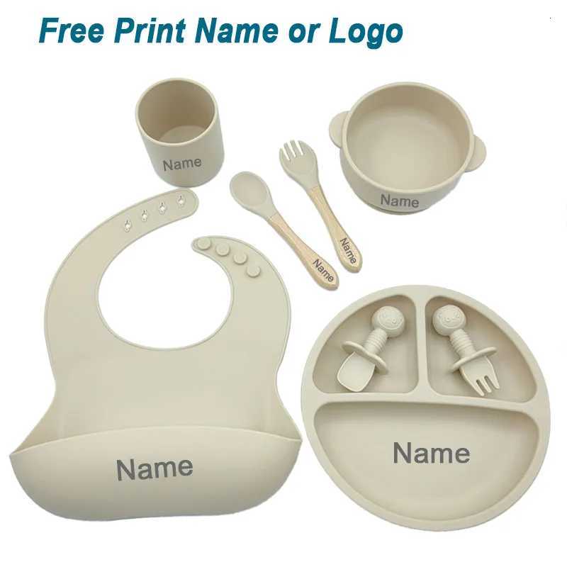 Personalized Name Baby Silicone Feeding Set Sucker Bowl Silicone Dish Plate For Baby Cup Bibs Spoon Fork Tableware BPA Free X250806