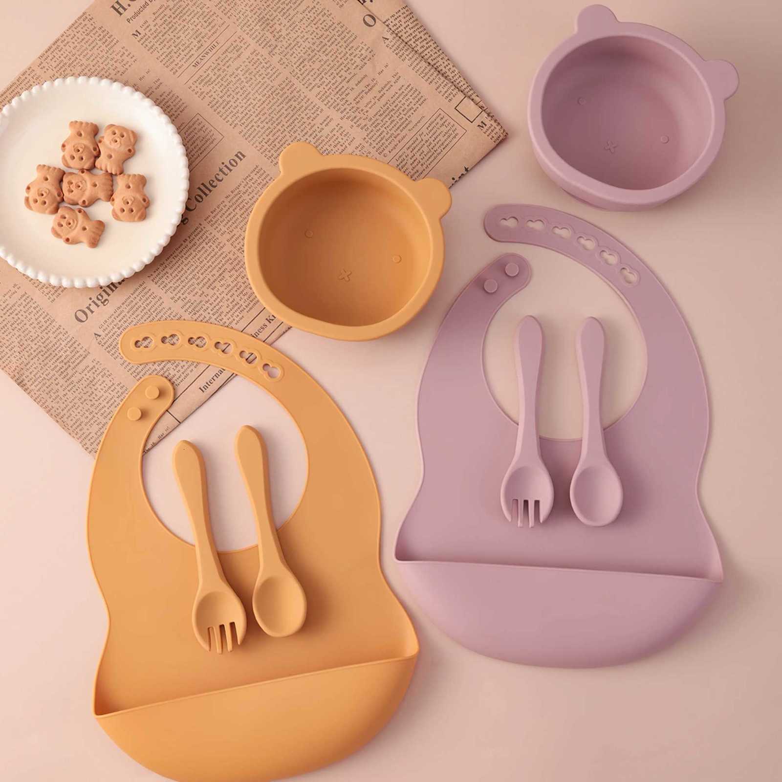 4PCS Silicone Baby Feeding Set Sucker Bowl Spoon Fork Tableware With Waterproof Bibs Soft Dish For Kids Mealtime Essentials X250806