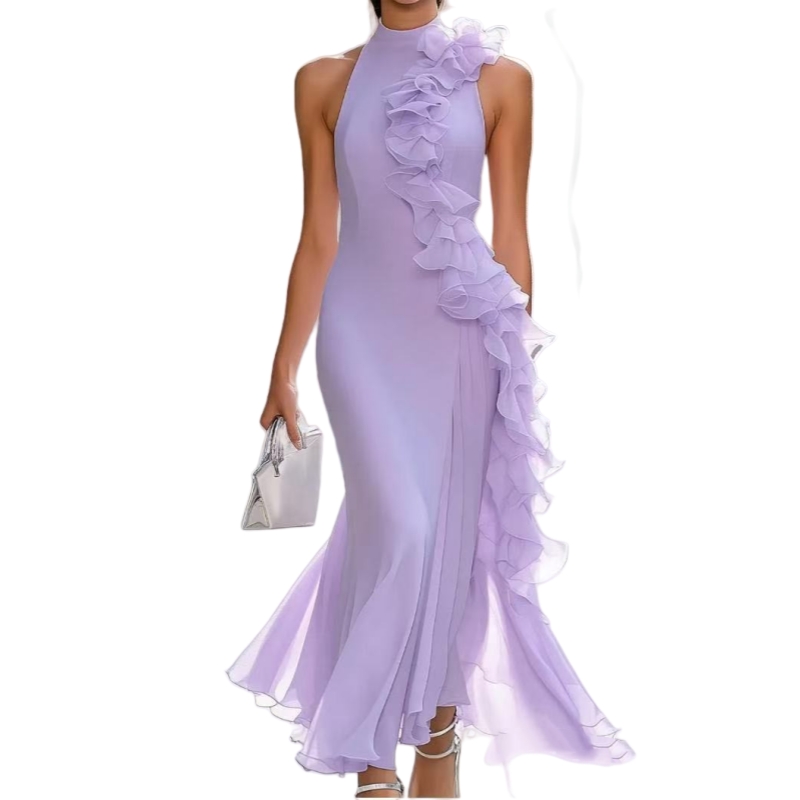 Lilac Chiffon Ruffles Prom Dresses Sleeveless Pleats Ankle Length Evening Gown Special Occasion Wear