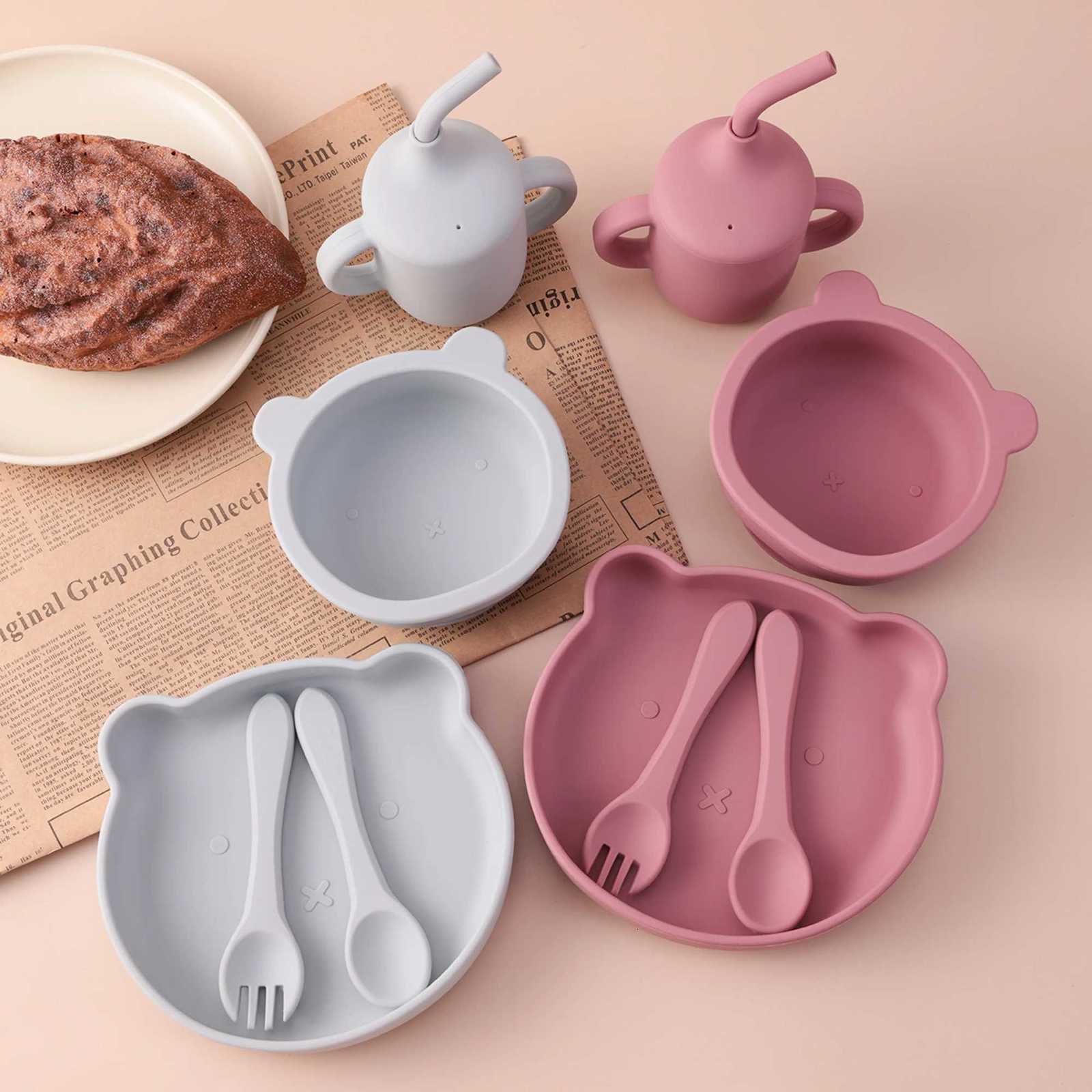 5PCS Silicone Baby Feeding Set Bear Plate Suction Bowl Spoon Straw Cup Toddler Self Feeding Essentials BPA Free Baby Supplies X250806