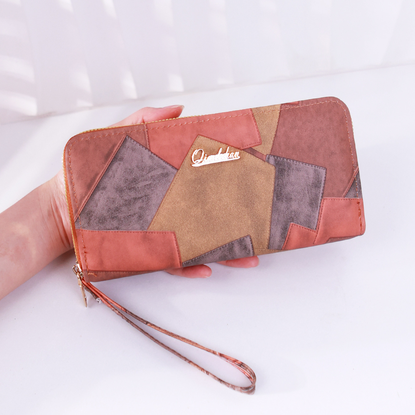 New Women's Leather Wallet Color Block Double Zipper Large Capacity Clutch Simple High-end Phone Bag