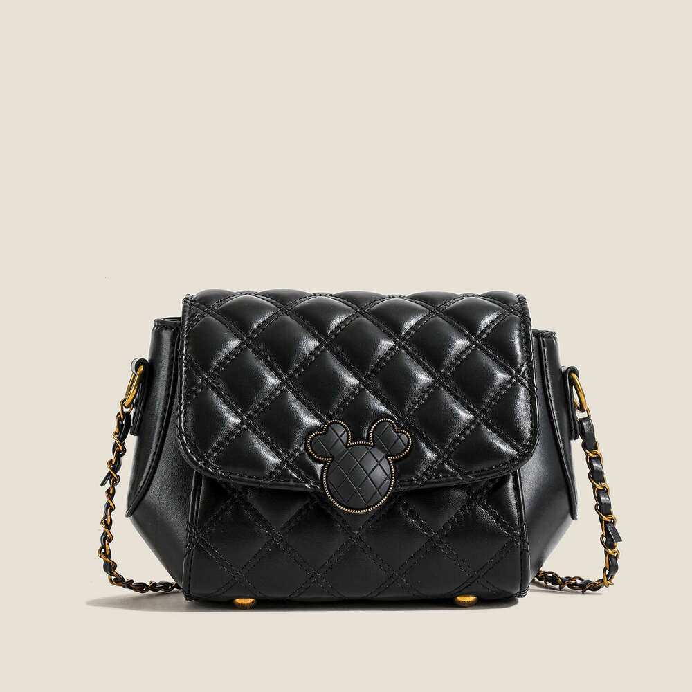 DHessentials 2024 New Diamond Pattern Small Gold Bead Metal Chain Embroidery Thread Lock Buckle Personalized Solid Color PU Daily Women's Shoulde