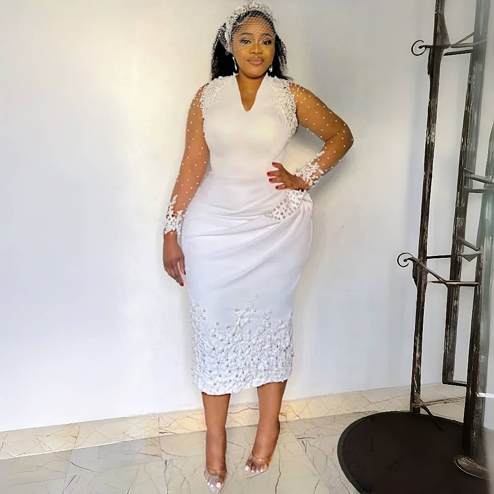 African Black Girls Sheath Prom Dresses Pearls Beaded Tea-Length White Satin Formal Party Gown Appliques Long Sleeves Evening Dress