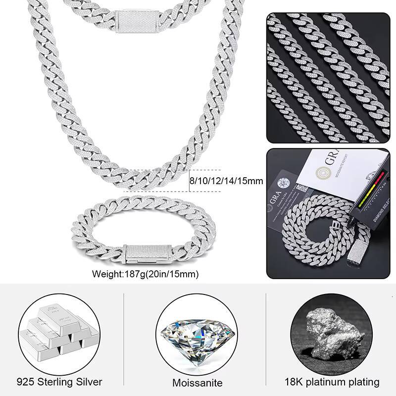 Hot Selling Men Hip Hop Jewelry Bling 15mm Sterling Silver VVS Moissanite Iced Out Cuban Link Chain Necklace With Certificate