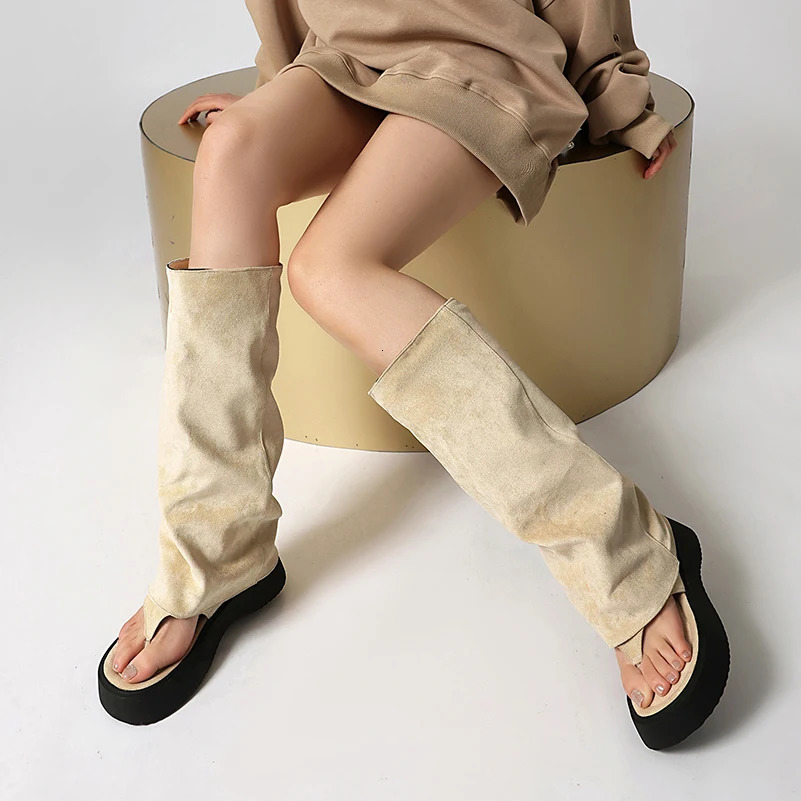 Plus Size Frosted Suede Material Flat Bottom Clip Toe Cover For Womens Summer Midsole Boots Breathable Lining Peep Toe Boots 250805