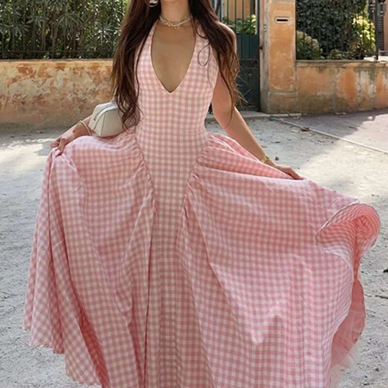 Spring New Women's Fashion Elegant Waist-Exposing Halter Neck V-Neck Fashionable Waist-Cinching French Dress 661 B5