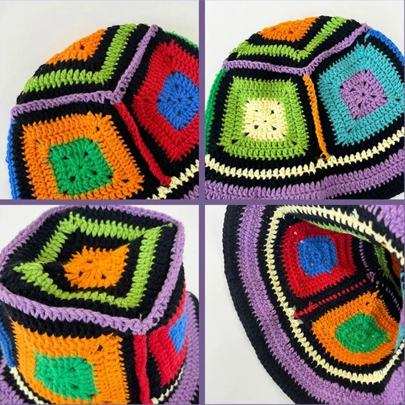 Women Muticolor Crochet Korean Handmade Bucket Hat Women Weaving Knitted Hat Y2k Fashion Flowers Autumn Winter Beanies Basin Cap 250805
