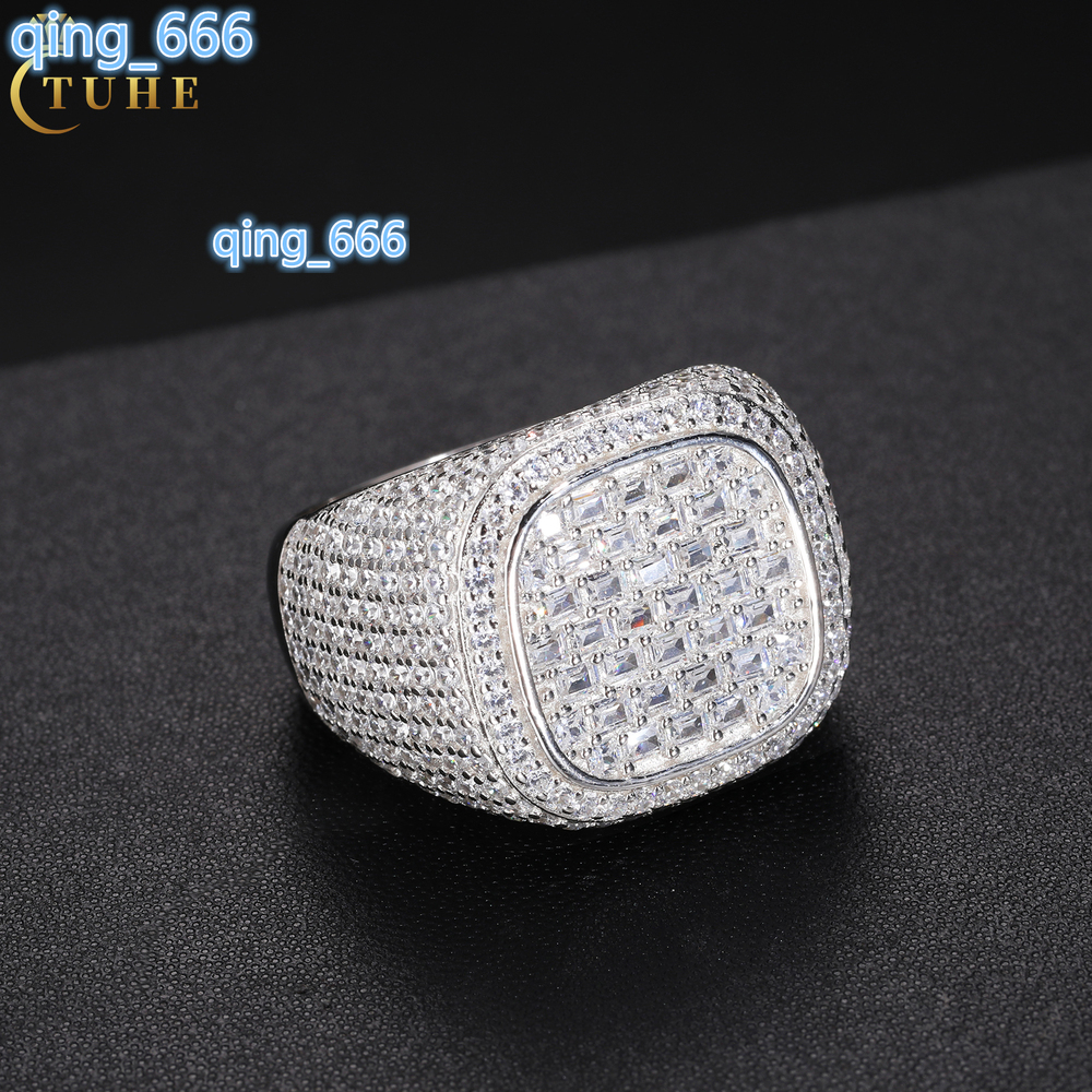 GRA Certificate 18K Gold Plated 925 Sterling Silver VVS Baguette Moissanite Diamond Iced Out Signet Ring Hip Hop Jewelry for Men