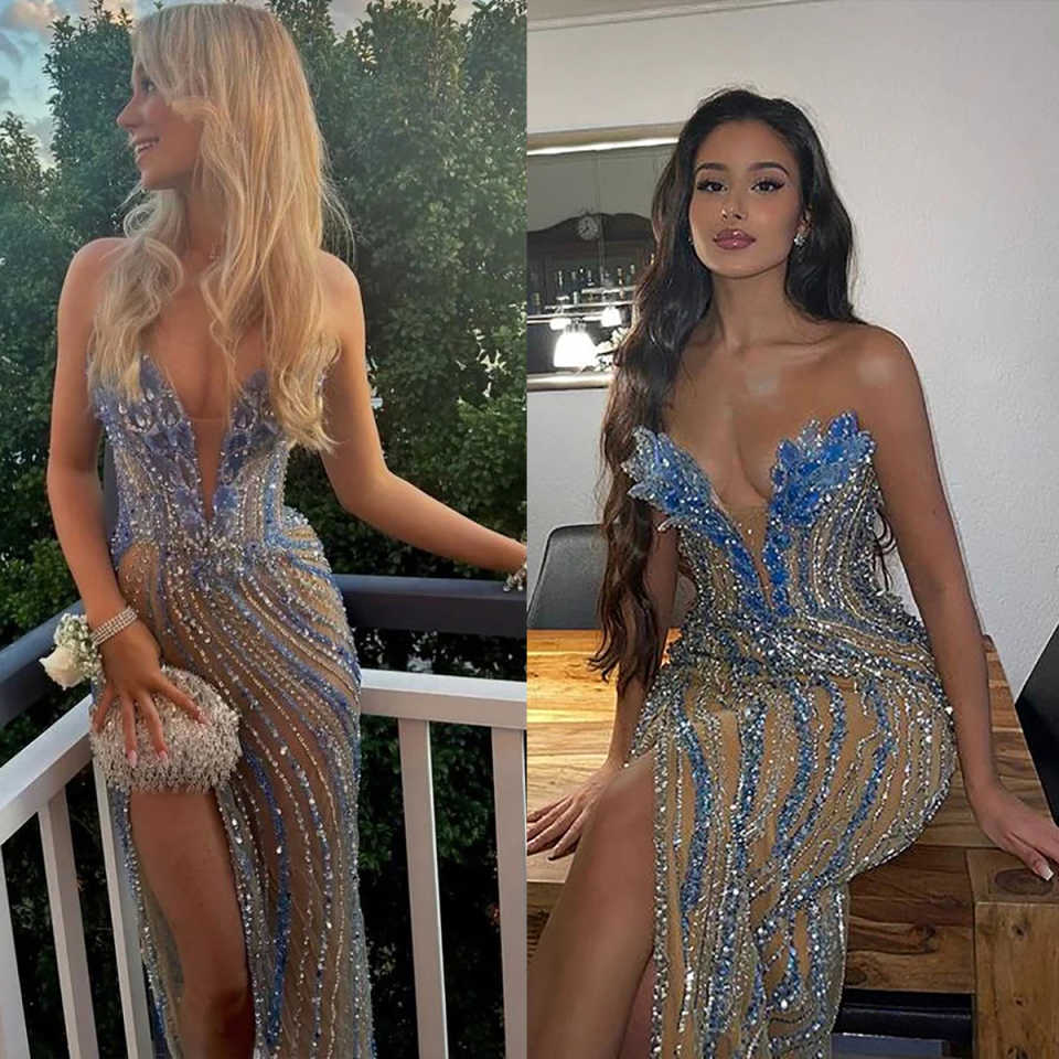 Shiny Deep V-neck Evening Dresses Side Slit Beading Customized Sexy Sleeveless Floor-length Cocktail Gown Prom Dress Vestido De Novia