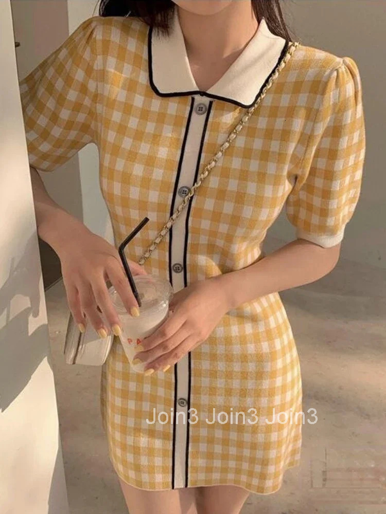 Woherb Vintage Plaid Knitted A-line Dress Women Summer Short Sleeve Single-breasted Elegant Fashion Ladies Vestidos Mujer