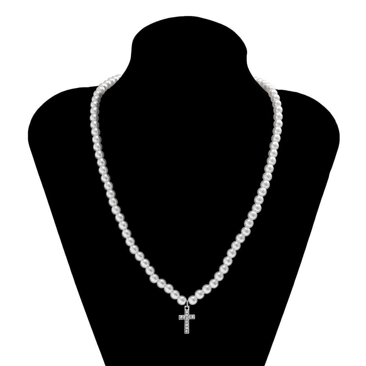 Pearl Beads Chain with Shiny Rhinestone Cross Pendants Necklace Men Trendy White Beaded Choker on Neck 2022 Fashion Jewelry Male Y250805