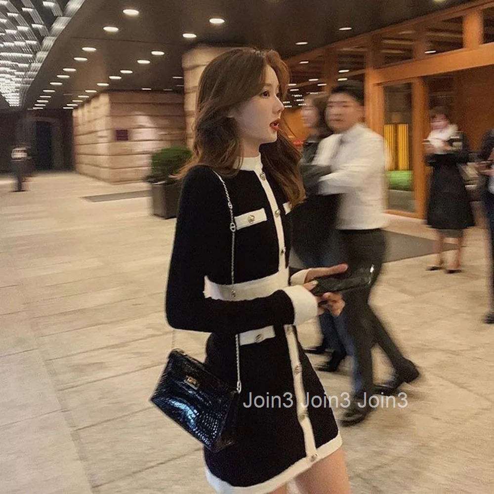 Fashion Korean Style Knitted Dress Winter White Black Women Knit Bodycon Dress Elegant Long Sleeve Dress Knitwear For Women