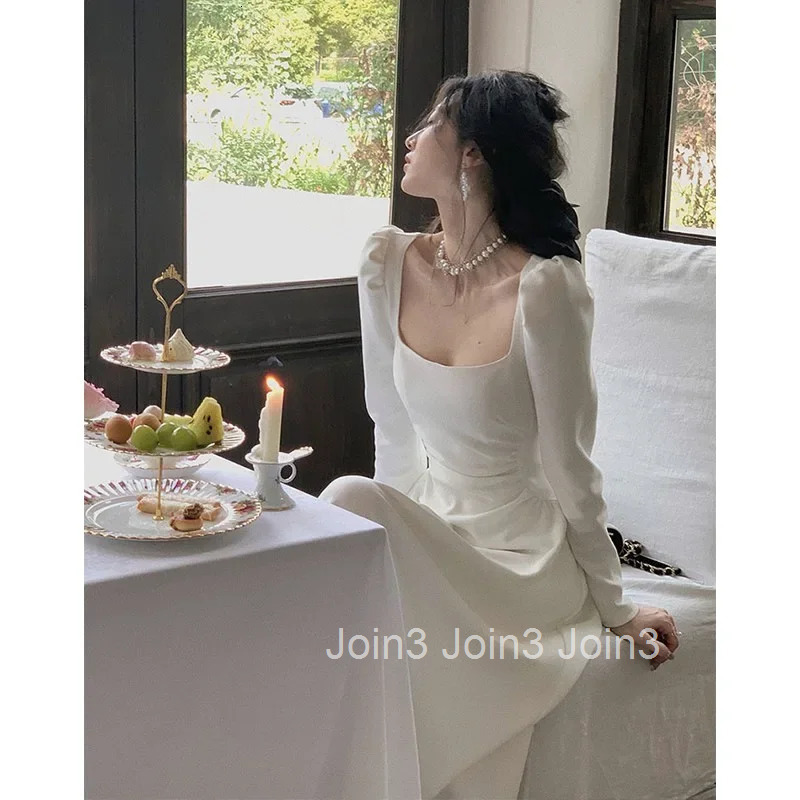 Elegant Unique White French Style Womens Dress Square Collar Long Skirt Fashionable Autumn New Arrival High-End Sensation