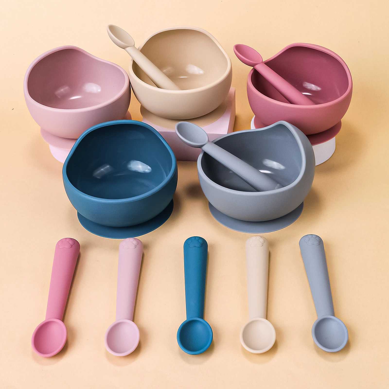 2Pcs Silicone Baby Feeding Bowl Set Baby Learning Dishes Suction Bowl Set Silicone Spoon Children Tableware Baby Supplies X250806