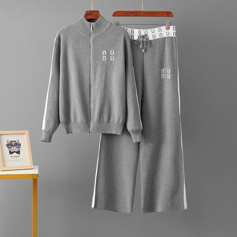 2025 New zipper knitted fashionable cardigan, long-sleeved casual wide-leg pants, coat and stylish set