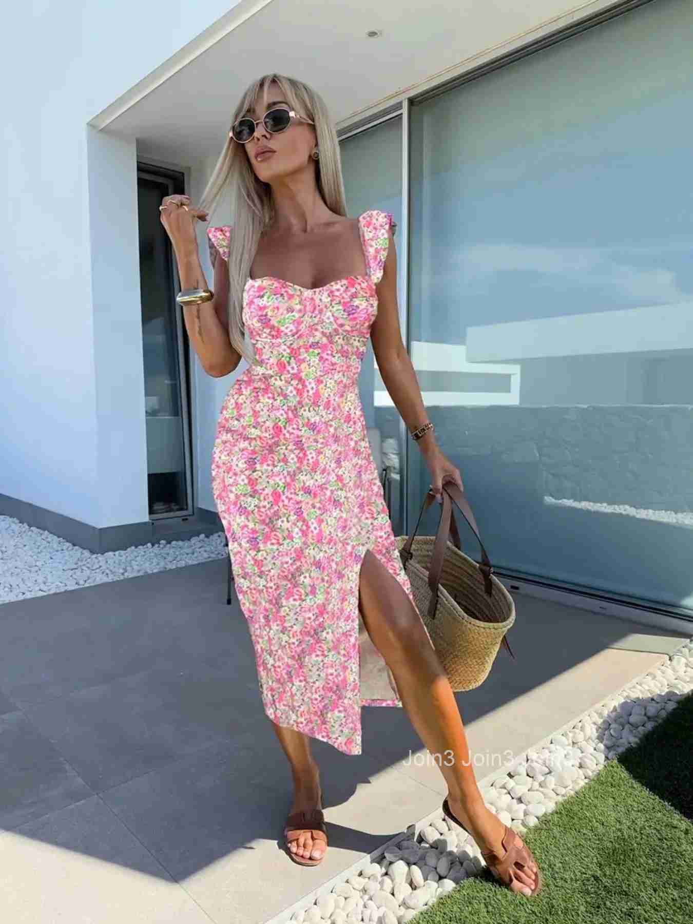 European and American summer new elegant design French flower suspender slit midi-length ladies dress