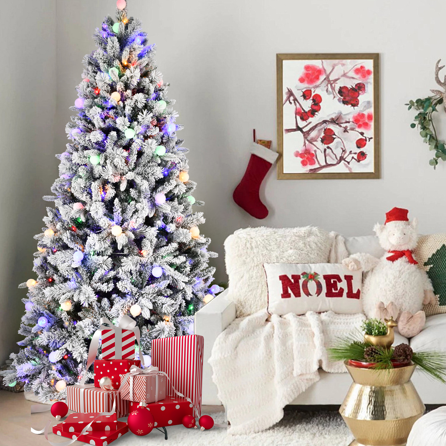 Flocked Christmas tree 7.5ft PE/PVC/Hard needle mixed tree(memory wire+power pole), 1,253+ tips, 400L bi-color led with G45bal