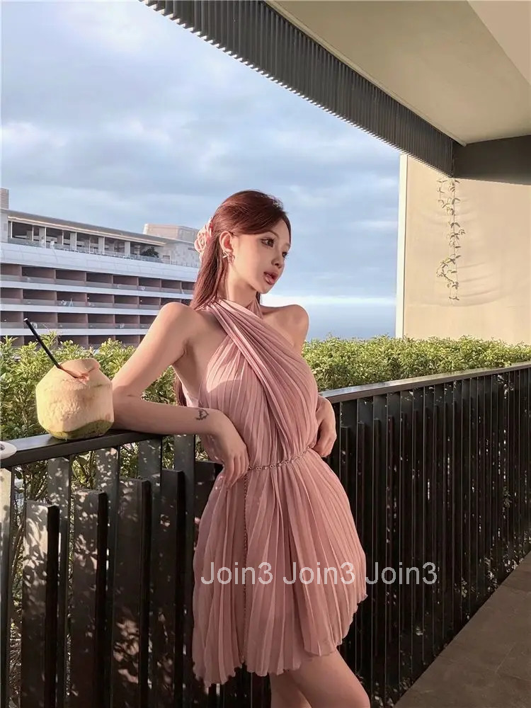 Women Dresses Sleeveless Halter Slim Elegant Summer Fashion French Style Party Mini Dress Ladies Sexy Clubwear Fashion