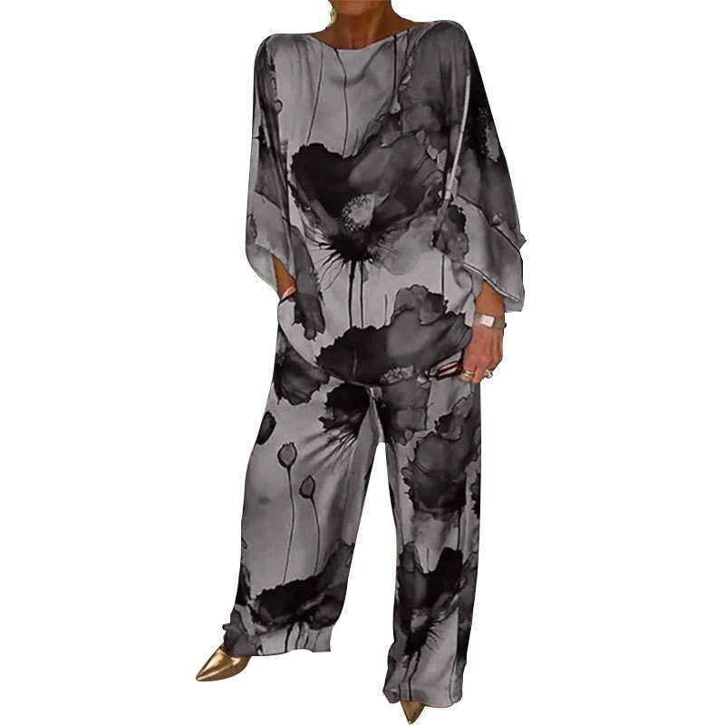 Summer New Urban Elegant Off-Shoulder Loose Printed Batwing Sleeve Drawstring Long Pants 661 B5