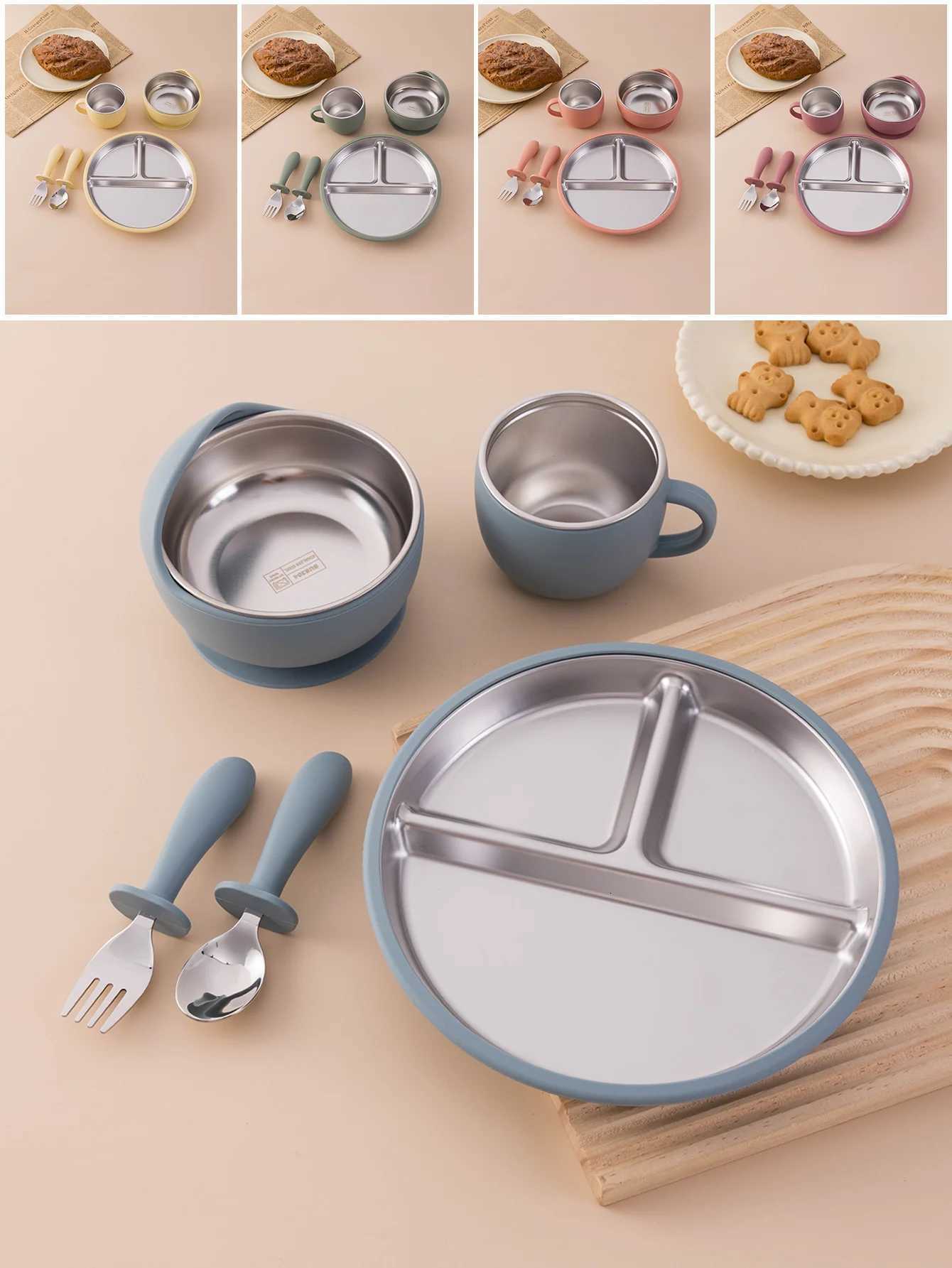 5PCS Stainless Steel Detachable Dishes Plate Baby Feeding Set With BPA Free Silicone Bowl Cup Infant Training Fork Spoon Gifts X250806