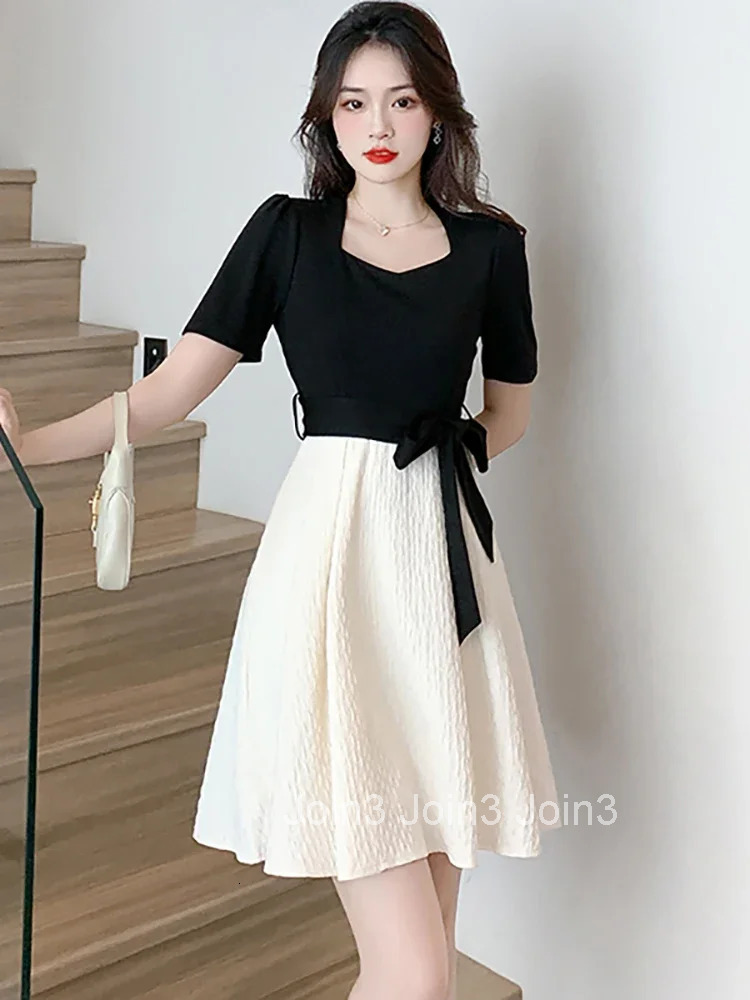 White Patchwork Black Chic Bow Midi Dress Summer Short Sleeve Sqaure Collar Casual Dress Women Korean Elegant Party Vestido