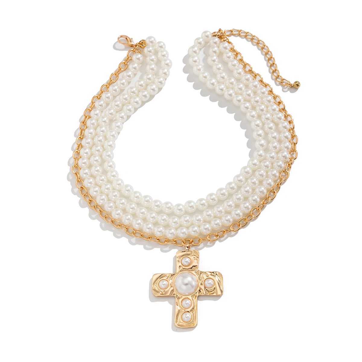 Ingemark Multilayer Imitation Pearl Chain Necklace Women Trendy 2025 Goth Big Jesus Cross Pendant Choker New Year Jewelry Gift Y250805