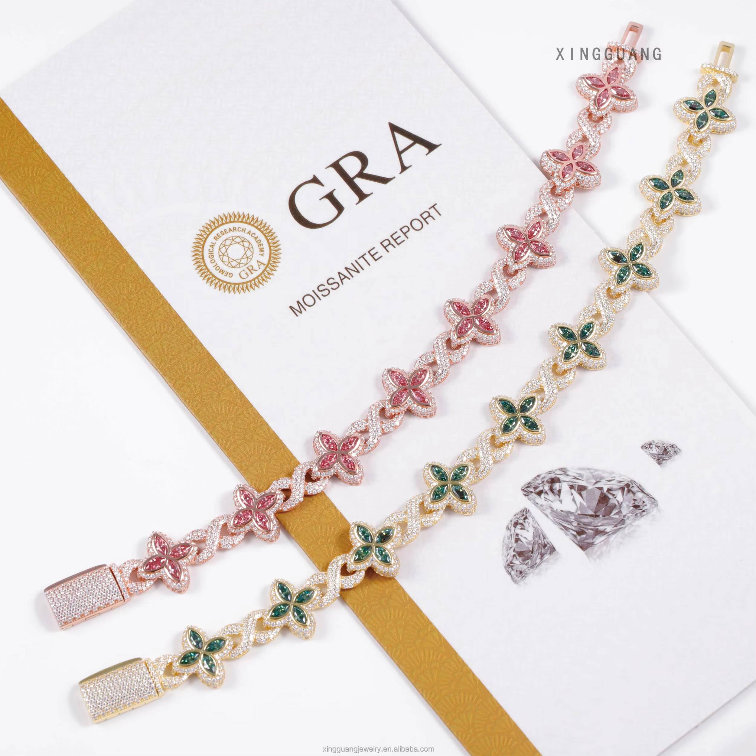 Fashion Lucky Four-leaf Clover Green Marquise Moissanite Clover Charms Infinity Links Bracelet 925 Silver Cuban Chain Jewelry