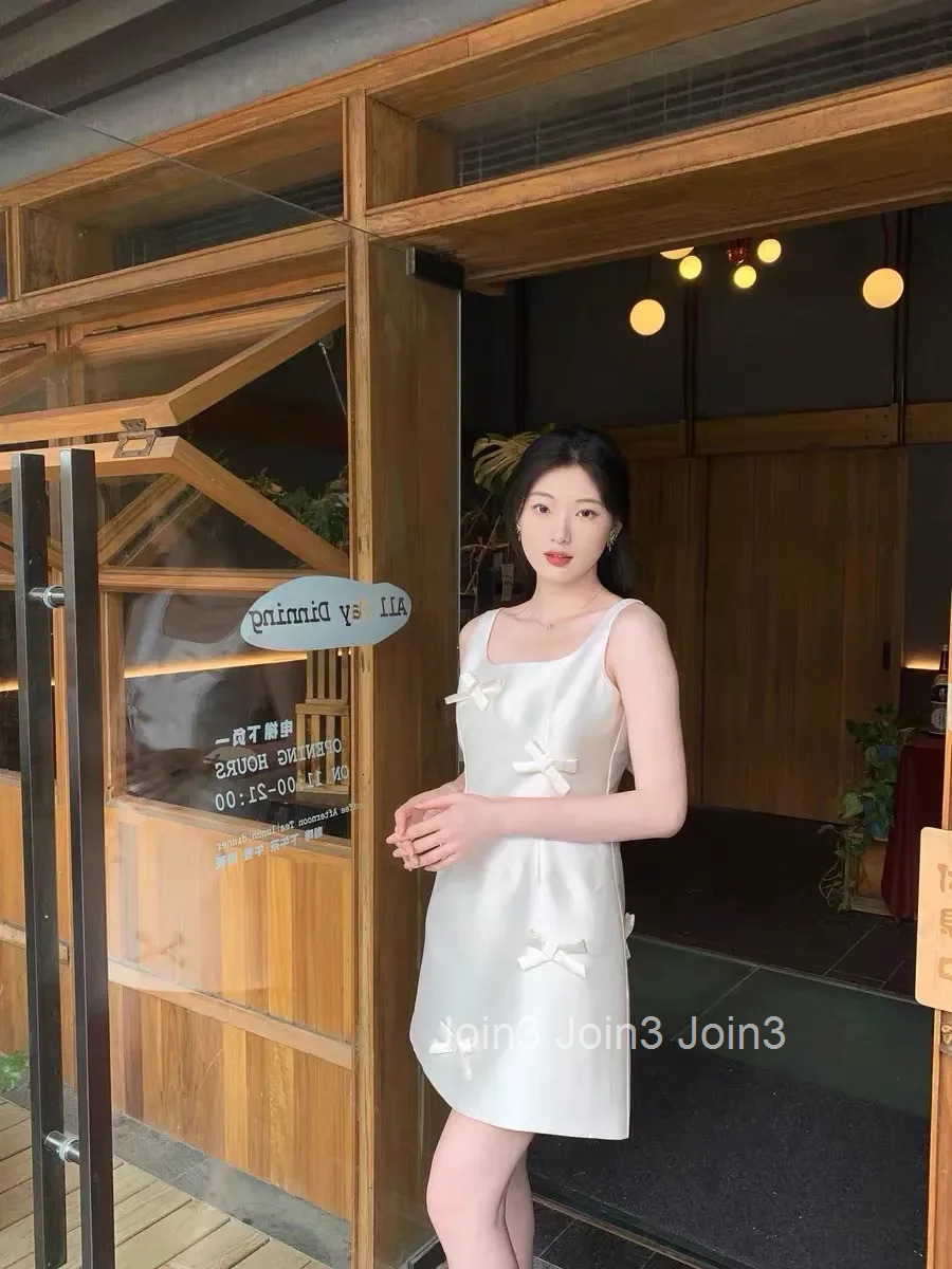 Celebrity Premium Sweet Bow Tank Overall Dress Women Elegant Sleeveless Straight Stain Camisole Dress Summer Banquet Pure Cloth