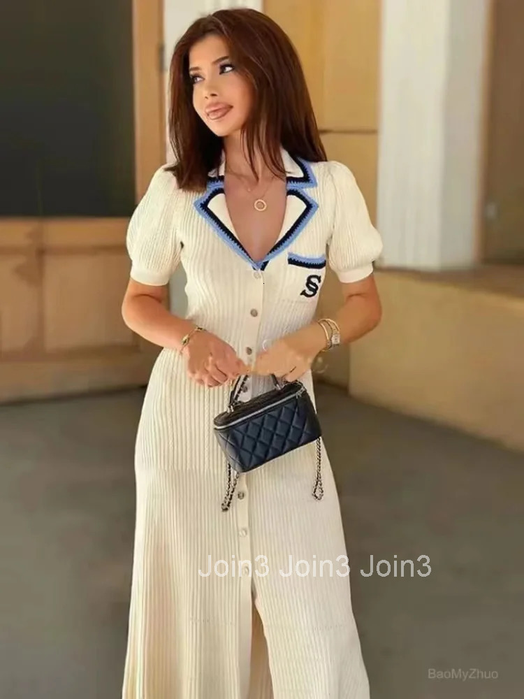 Summer Elegant Slim Knitted Long Dress Womens Letter Single Breasted Long Sleeved Designer Vintage Dresses White Autumn