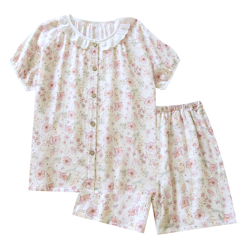 Digital double-layer gauze sleepwear, cute cartoon lace set for women, thin summer short sleeved shorts, cardigan, home wear