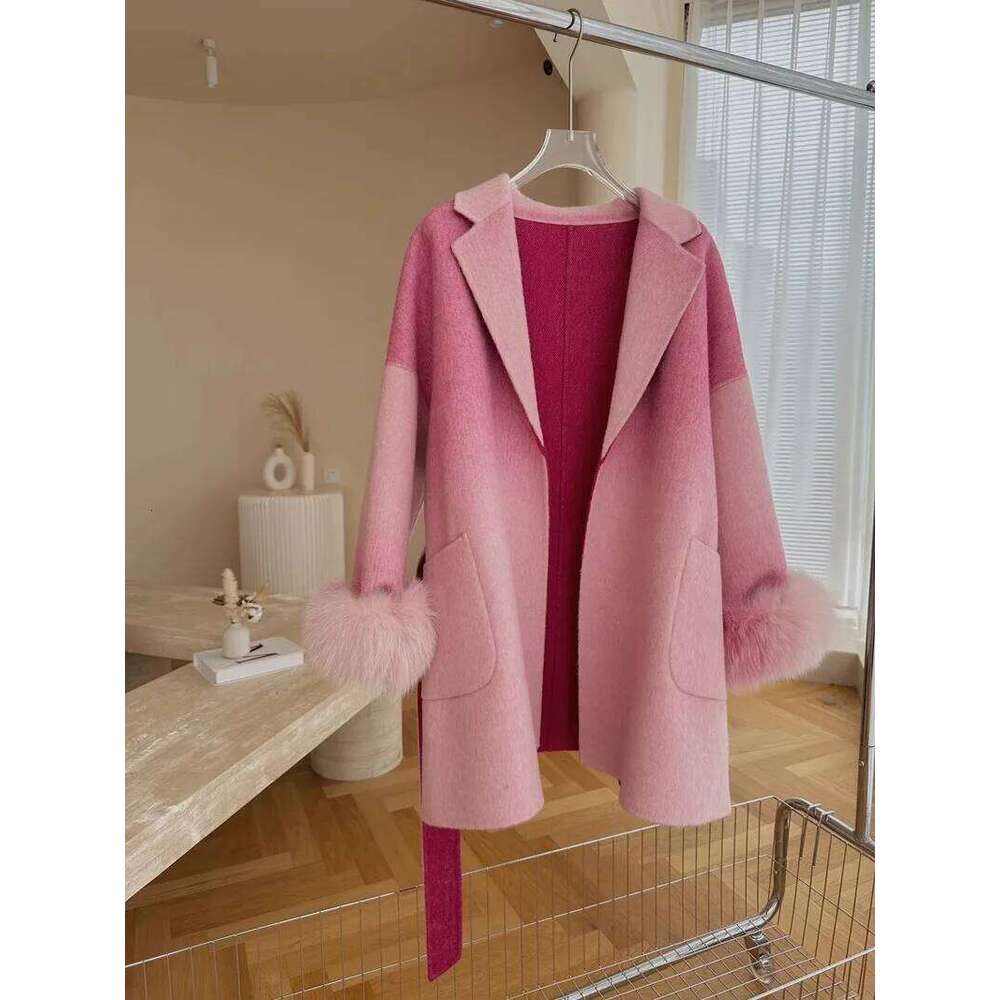 2025 Winter Jacket Women Real Natural Fox Fur Cuffs Wool Blends Gradient Color Thick Warm Fashion Outerwear Streetwear 250806