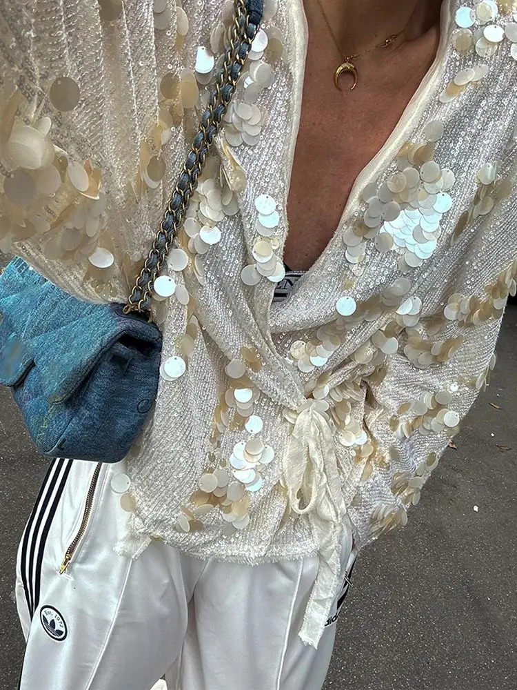 Elegant White Sequins Patchwork Lace-up Shirt For Women Long Sleeve V-neck Loose Short Coats Autumn Winter Street Partywear 250804