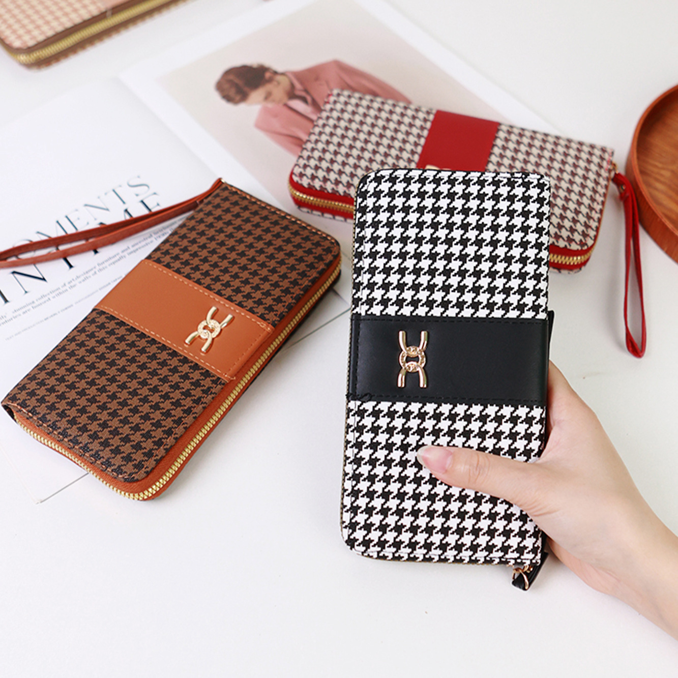 New Korean Style Long Fashion Print Single Zipper Large Capacity Plaid Pattern Wallet for Women