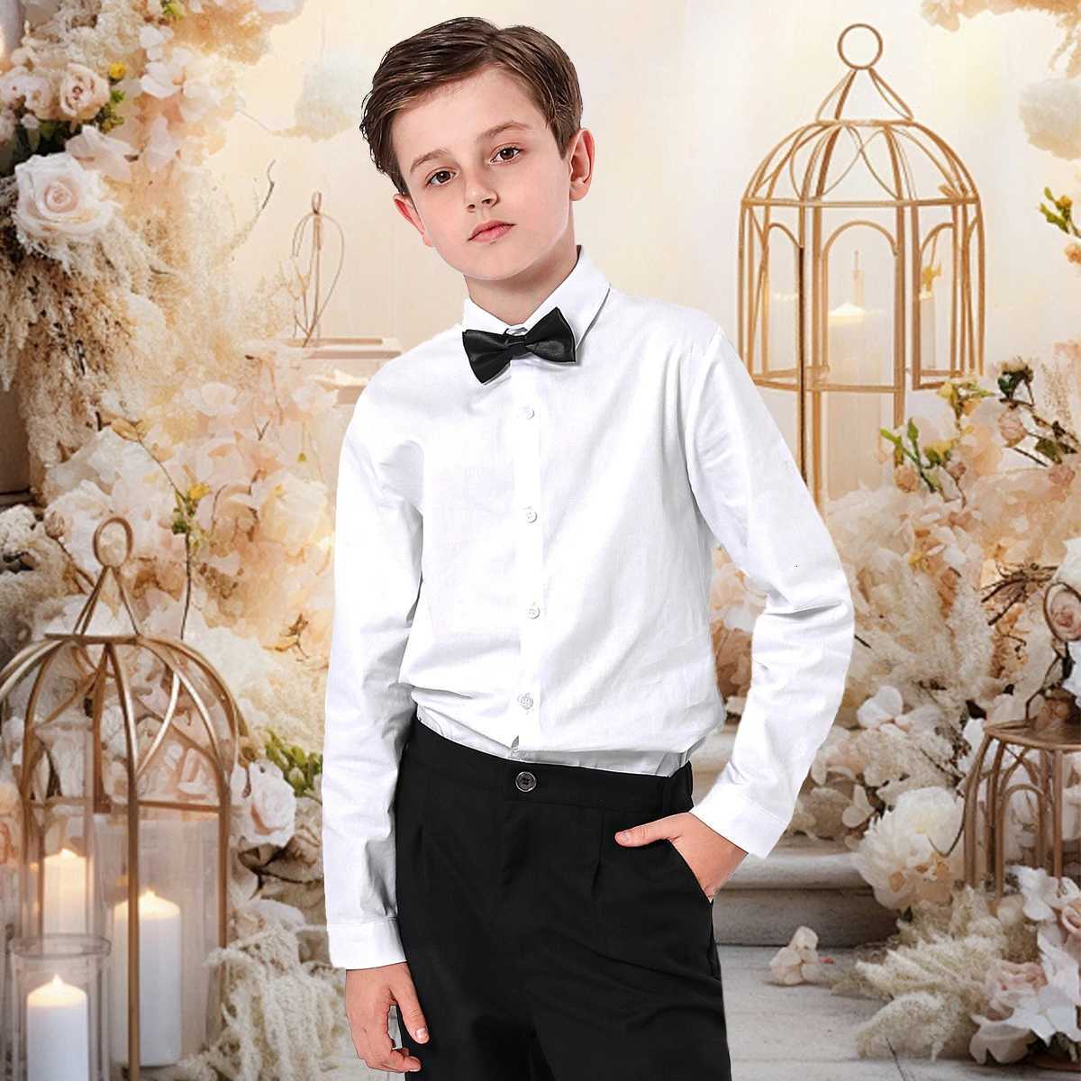 Boys Dress Shirt Kids School Uniform Long Sleeve with Bowtie Formal Gentleman Gift Performance Ceremony Clothes White 6 to 14 years X250806