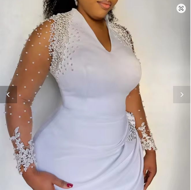African Black Girls Sheath Prom Dresses Pearls Beaded Tea-Length White Satin Formal Party Gown Appliques Long Sleeves Evening Dress