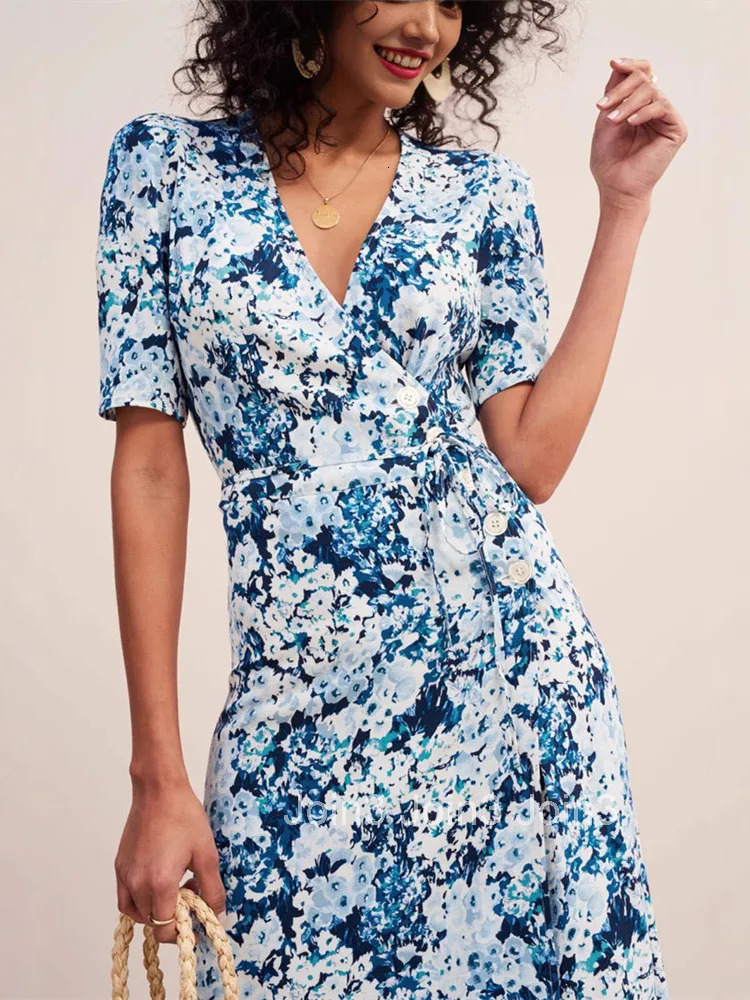 Women Lace-up Wrapped Long Dress Side Button V-neck Lady French Elegant Short Sleeve Robe Clearance Price