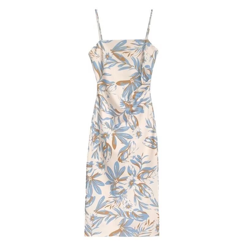 V92455 Gentle style pure desire suspender dress female summer thin style high-end printed slit hip skirt