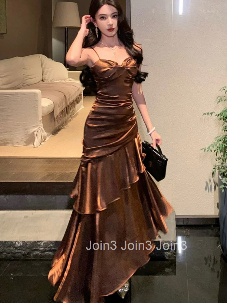 Elegant Spaghetti Strap Ruffles Womens Evening Dresses Fashion Princess Party Sleeveless Dress Summer Slim Waist Vestidos