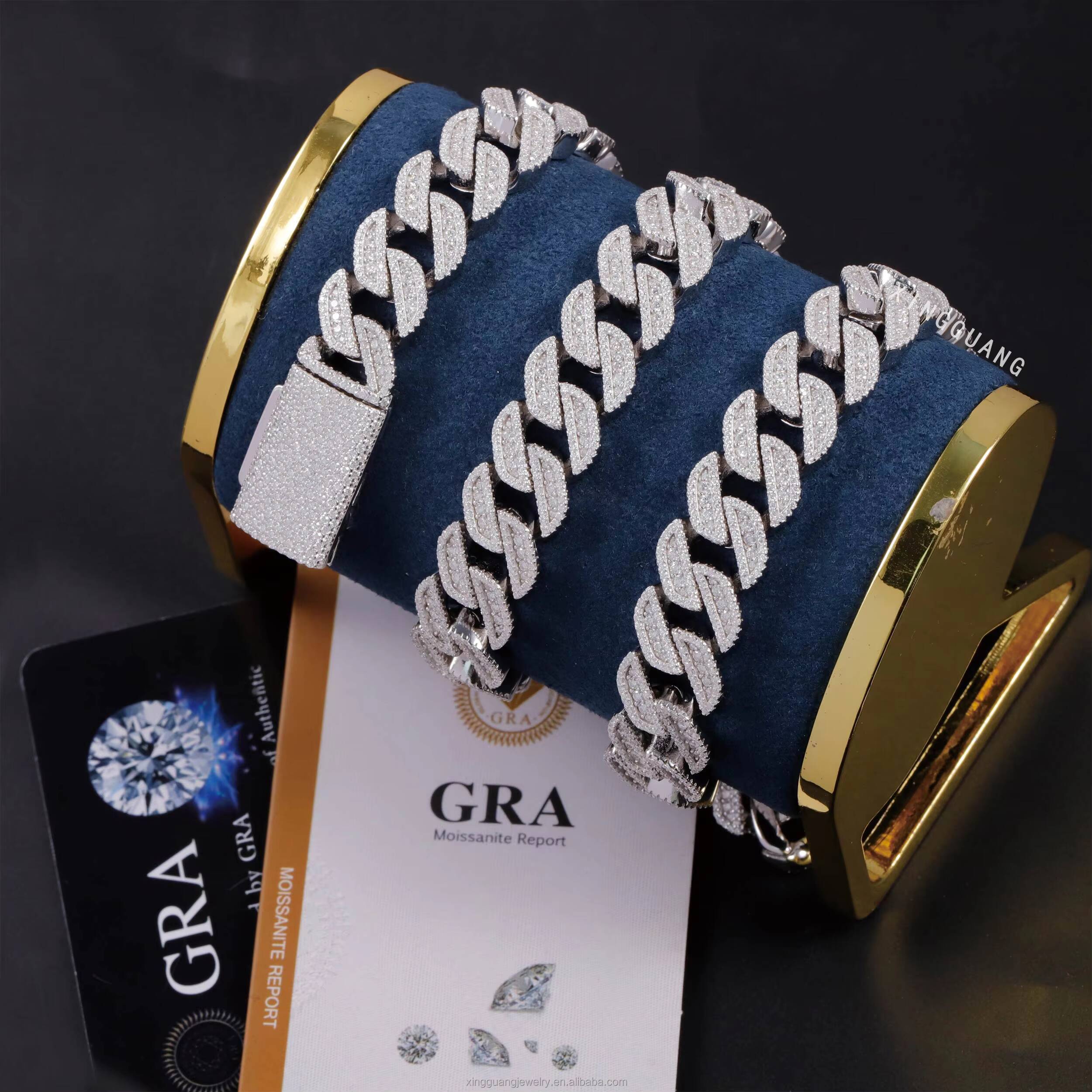 Heavy Hip Hop Necklace 14MM 3Rows Rhombus Chain S925 Silver Cuban Link White Gold Plated Moissanite Diamond Cuban Link Chain