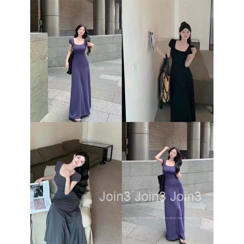 Elegant High-end Feel French Style Square Collar Short Sleeves Dress Slimming Womens Waist-fitted Long Skirt