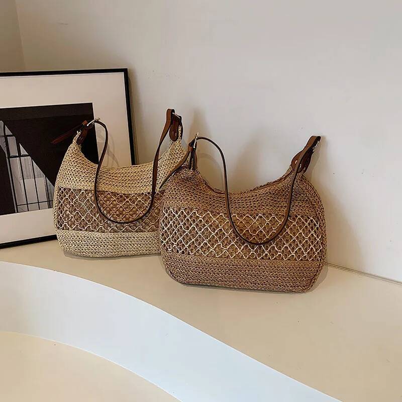 Large Capacity Summer Straw Weaving Shoulder Women's Handmade Crochet Beach Handbag Woven Hollow out Underarm Knitting Bag
