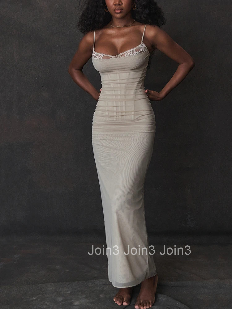 Mozision Elegant Spaghetti Strap Backless Sexy Maxi Dress For Women Fashion Two Layer Mesh Sleeveless Bodycon Club Party Dress