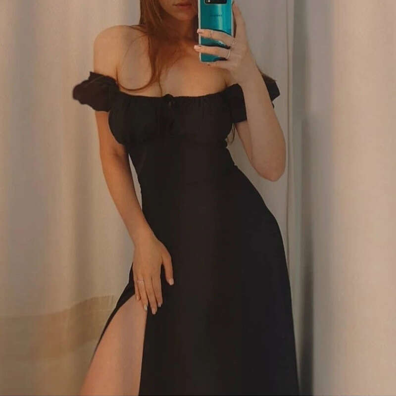 Women's Long With Puff Sleeves, Commuting Vacation Style, Slit Solid Color Dress B5